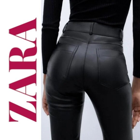 ZARA Faux Leather Slim Bootcut Flare Ankle Zip Full Length Pants Black, Size XS - Picture 7 of 16
